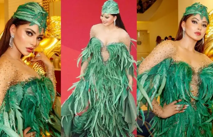 Cannes Film Festival | Day 6 Urvashi Rautela wow's in Ziad Nakad's unique lavish green feather headgear amazes everyone with her new look at the red carpet