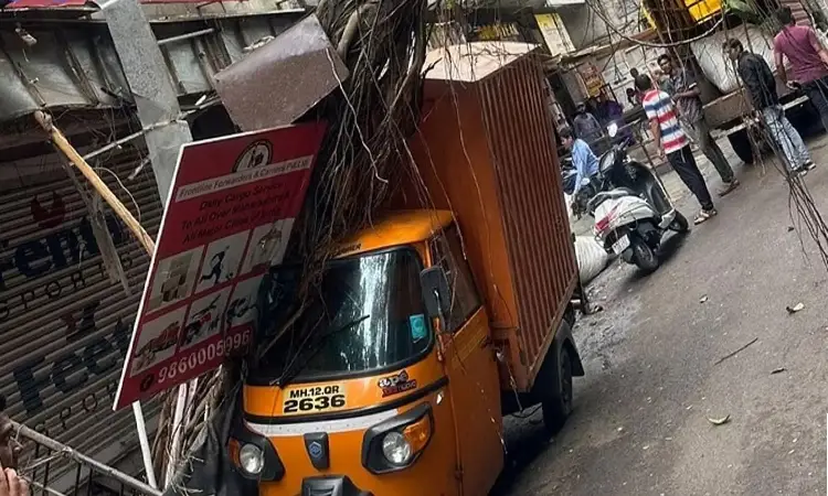 Pune Crime News | Heavy rains in city! Tree falls on tempo in Sadashiv Peth