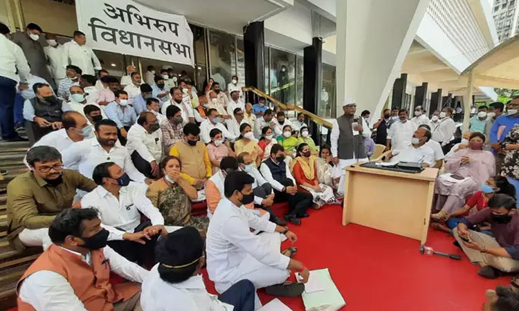 Monsoon session of Maharashtra | maharashtra bjp mlas start a parallel assembly session outside the house following a protest against suspension of 12 bjp legislators