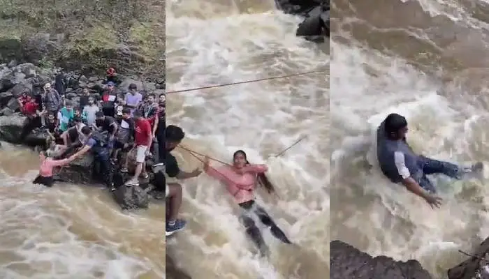 Pune Crime News | monsoon trekking group stuck in flood water malshej ghat kalu waterfall trekking video viral
