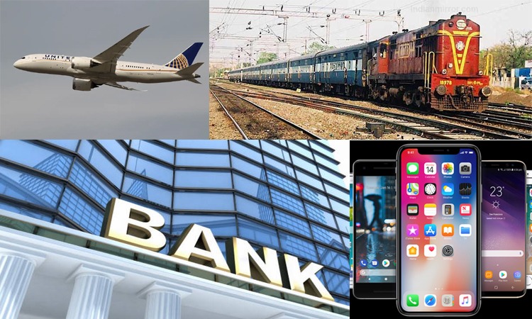 railway, bank, airplane, mobile