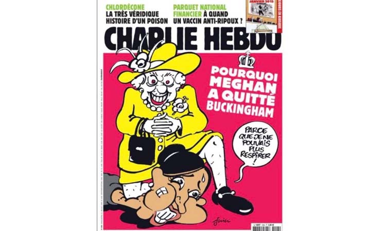 charlie hebdo cartoon of queen elizabeth and meghan sparks outrage