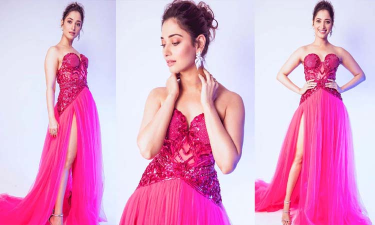 tamannaah bhatia looks gorgeous in pink high slit gown see photos