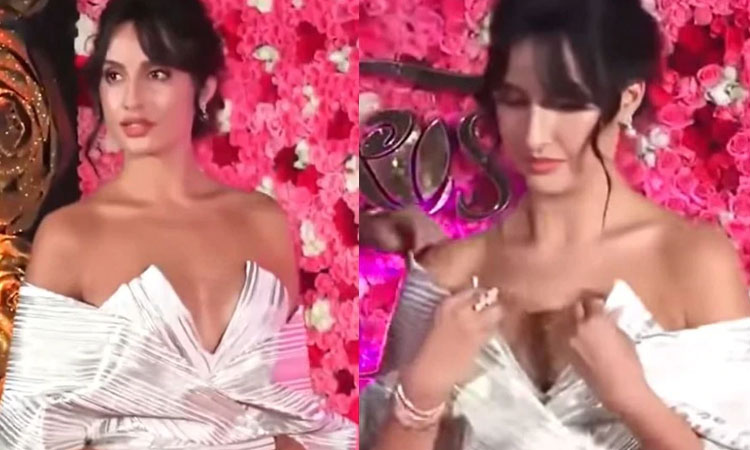 Nora Fatehi Oops Moment | nora fatehi oops moment off shoulder dress slipping down in front of camera watch video