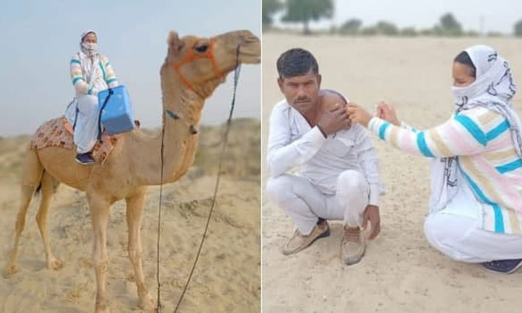 Covid Vaccination | health worker sitting on camel reached barmer vaccine union health minister shared picture