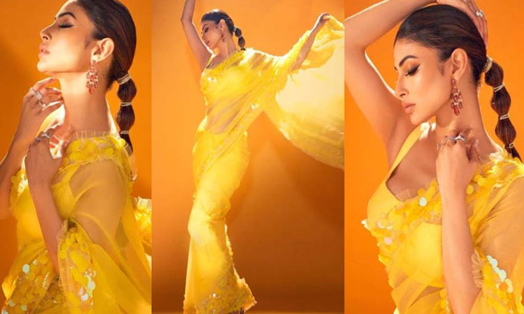Mouni Roy Bold Saree Photo mouni roy looks stunning in yellow transparent saree worth 84 thousand rupees photos viral