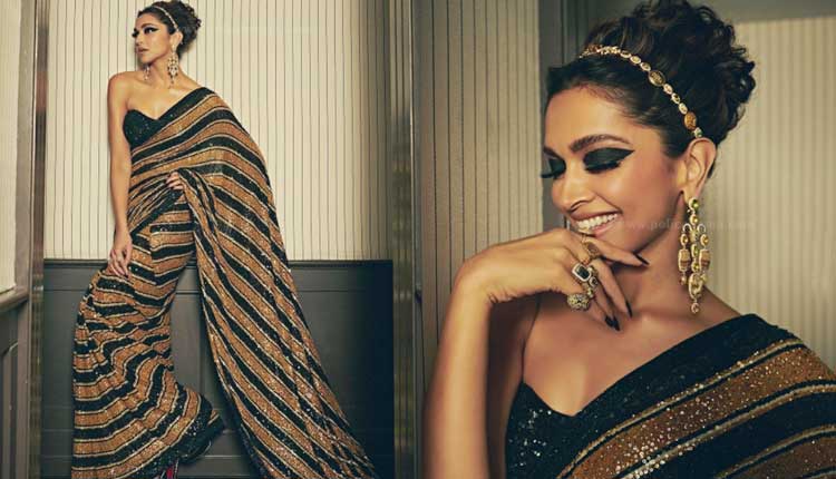 Deepika Padukone Hot Look | Cannes 2022 deepika padukone stuns in a golden and black shimmery sari check out
