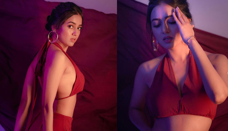 Tejasswi Prakash Red Hot Look | naagin aka tejasswi prakash looks hot and bold in revealing maroon color dress see photoshoot pictures