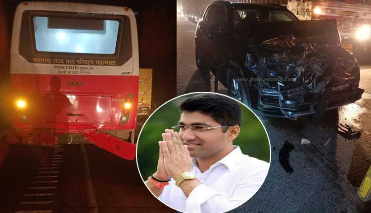 NCP MLA Sangram Jagtap BMW Car Accident | Nagar District ncp mla sangram jagtap bmw car accident on mumbai pune expressway car hits st bus