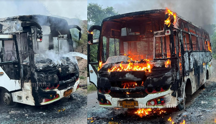 Pune Bus Fire | bus carrying devotees from bhiwandi caught fire at ghodegaon bhimashankar road 