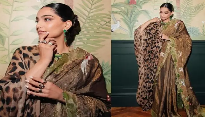 Actress Sonam Kapoor | sonam kapoor wears stunning tigher print shawl and copper colour saree for indian global forum in london