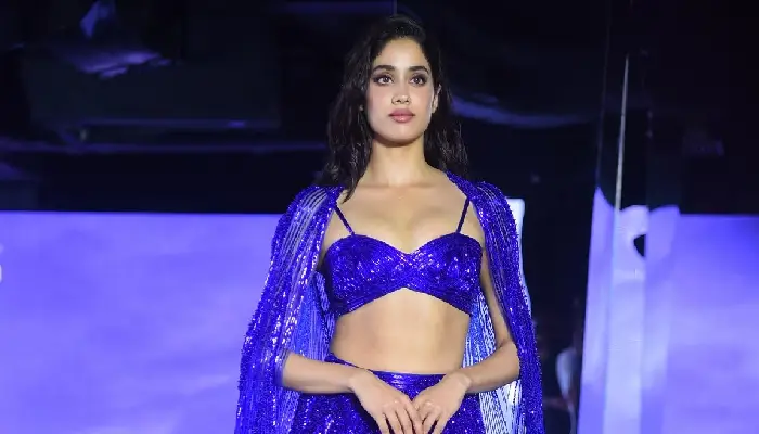Janhvi Kapoor | janhvi kapoor ramp walk wearing blue shimmery lehnga bawal actress shows curvy figure in bralette blouse
