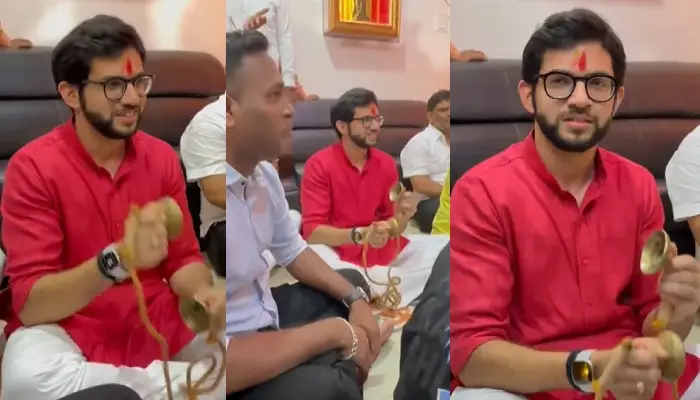 Aditya Thackeray | aditya thackeray in kokan for ganpati darshan vinayak raut home bhajan video viral