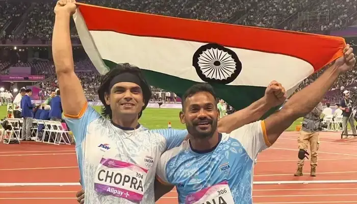 Javelin Throw-Neeraj Chopra | javelin throw neeraj chopra wins gold and kishore kumar wins silver medal in asian games 2023 marathi news