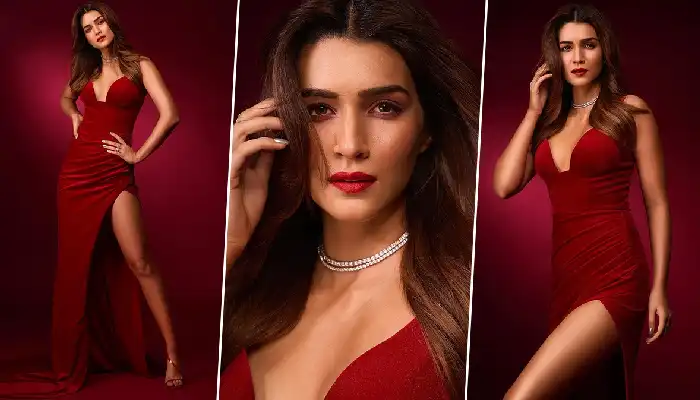 Kriti Sanon Red Hot Look | kriti sanon looking gorgeous in a red transparent turtleneck mini dress