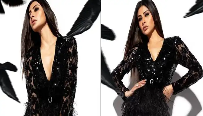 Mouni Roy Hot Photo | mouni roy is looking very stylish in a black dress with fur details