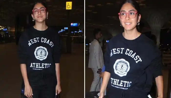 Mrunal Thakur Airport Look | mrunal thakur spotted by paparazzi in all black look at the airport
